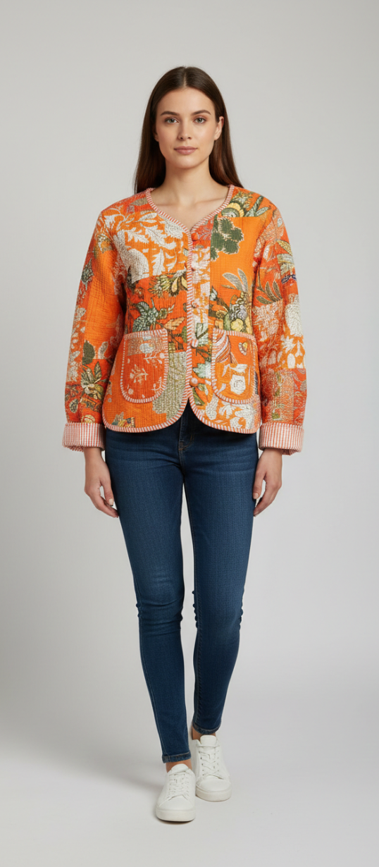 Women’s Orange Floral Patchwork Quilted Cotton Jacket | Front Button Casual Jacket