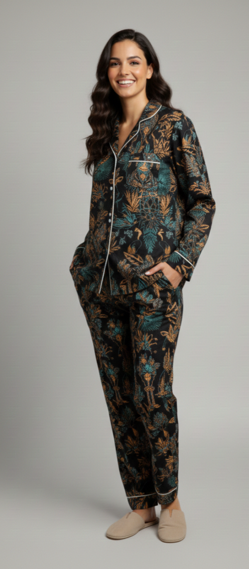 Black Botanical Print Cotton Nightwear Set for Women