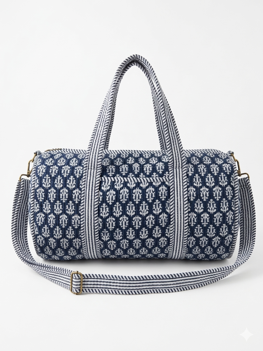 Navy blue - 2 Quilted Cotton Duffle Bag – Lightweight Travel Weekender