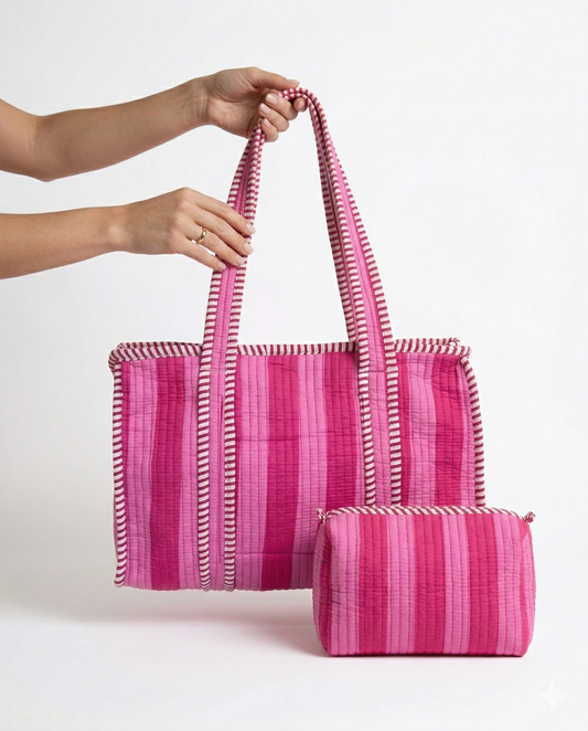 Pink stripes Quilted Tote & Pouch Set