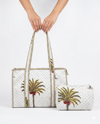 Palm Paradise – White Quilted Tote & Pouch Set