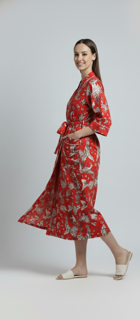 Women’s Red Botanical Print Cotton Robe | Front Tie Waist | 3/4th Sleeves