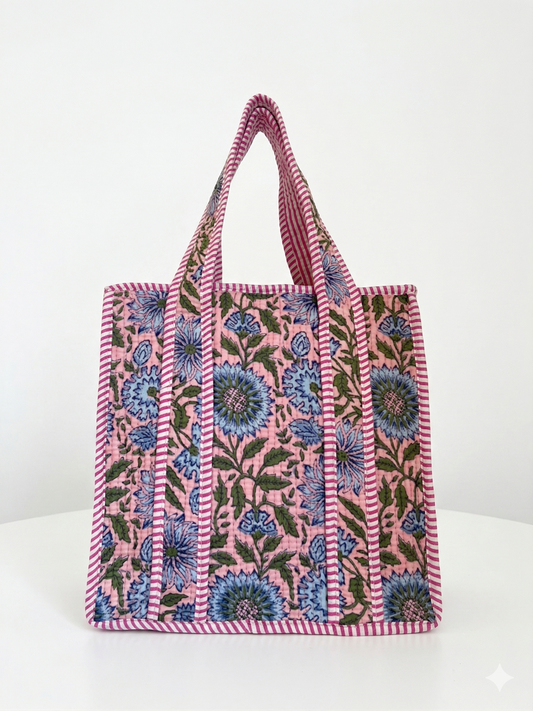 Pink blue floral – Quilted Mini Tote Bag 12X12