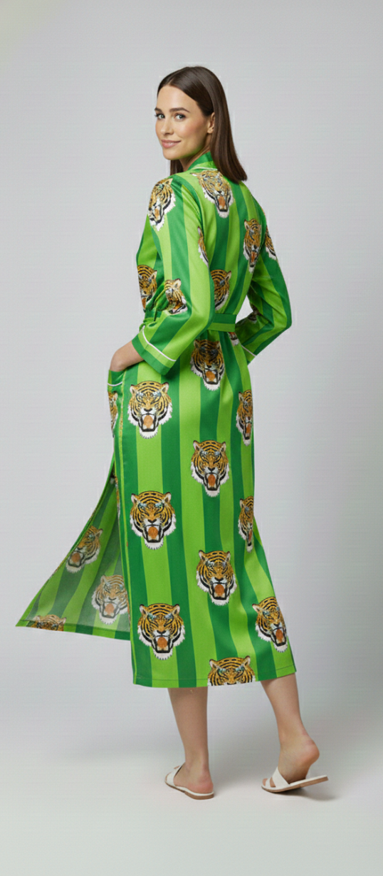 Women’s Green Tiger Print Cotton Robe | Front Tie Waist | 3/4th Sleeves