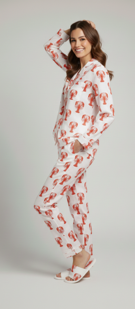 White Lobster Print Cotton Nightwear Set for Women