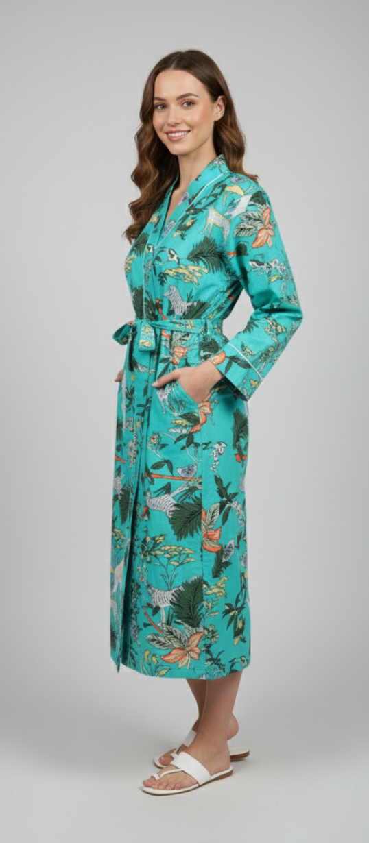 Women’s Teal Jungle Print Cotton Robe | Front Tie Waist | 3/4th Sleeves