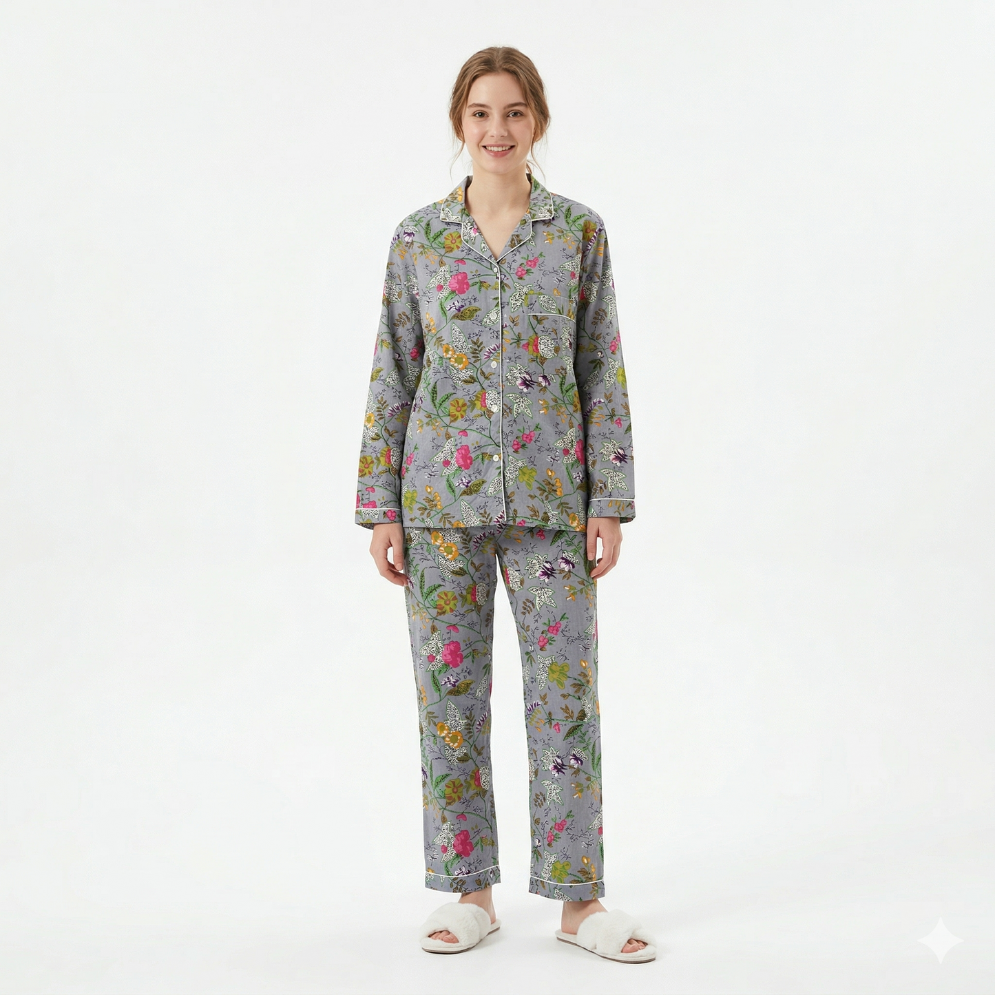 Women's Grey Garden Whispers Cotton Night Suit Set – Elegant Two Piece Pajama Set