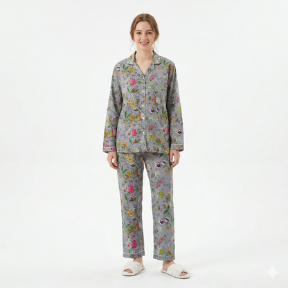 Women's Grey Garden Whispers Cotton Night Suit Set – Elegant Two Piece Pajama Set