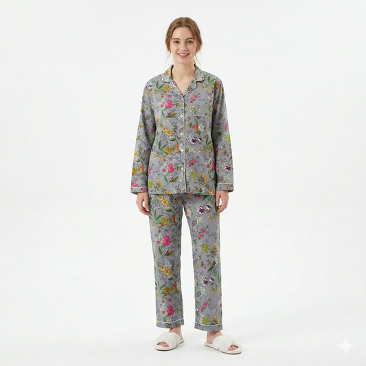 Women's Grey Garden Whispers Cotton Night Suit Set – Elegant Two Piece Pajama Set