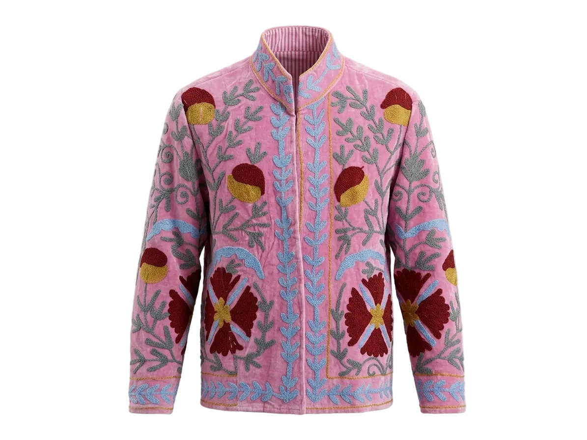 Women's Pink Bloom Suzani Reversible Velvet Jacket – Artistic Embroidered Statement Jacket