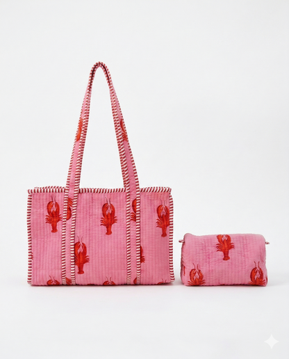 Lobster Love – Pink Quilted Tote & Pouch Set