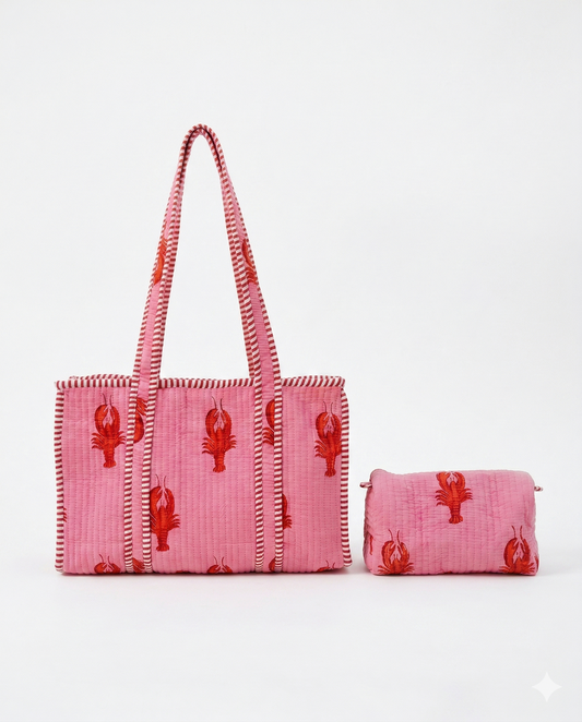Lobster Love – Pink Quilted Tote & Pouch Set