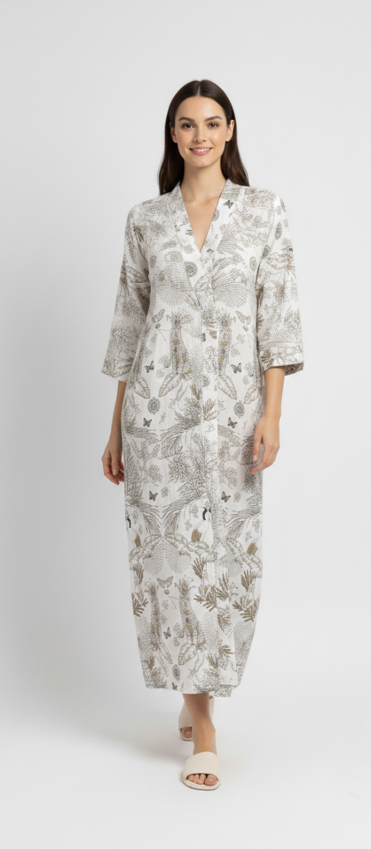 Women’s Ivory Botanical Print Cotton Robe | V-Neck | 3/4th Sleeves