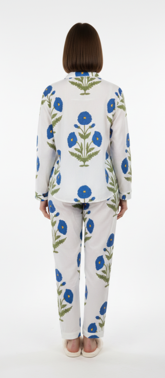 White & Blue Floral Print Cotton Pajama Set for Women – Button-Down Nightwear & Loungewear