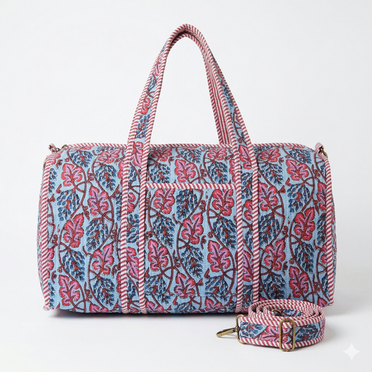 Red Floral Breeze on Blue Quilted Cotton Duffle Bag – Lightweight Travel Weekender