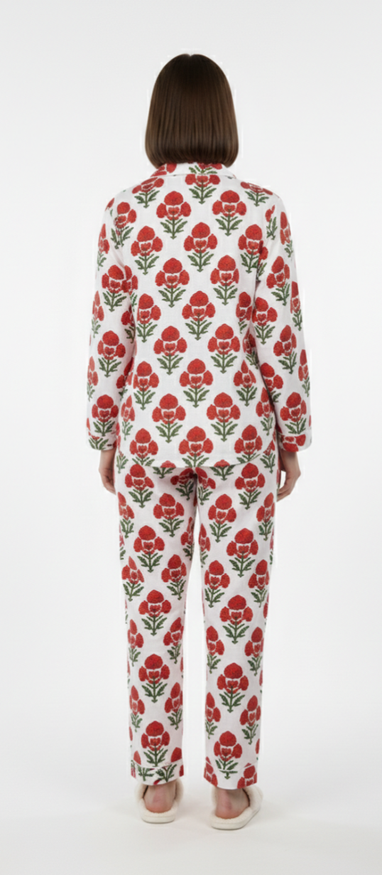 White & Red Floral Print Cotton Pajama Set for Women – Button-Down Nightwear & Loungewear