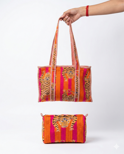 Tiger Tango – Tibetan Quilted Tote & Pouch Set