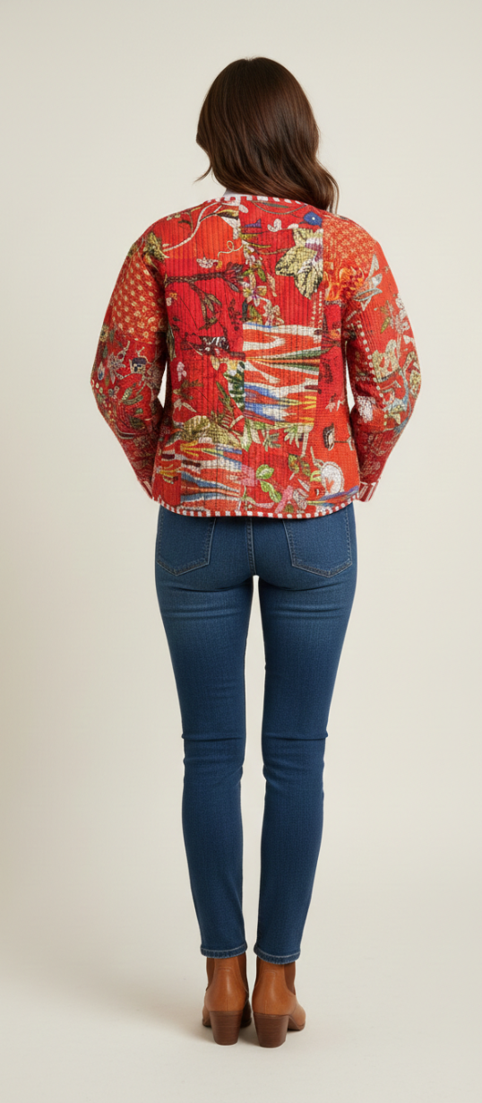 Women’s Red Patchwork Print Cotton Jacket | Open Front | Long Sleeves