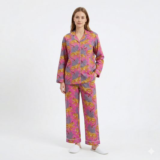 Women's Pink Leopard Cotton Night Suit Set – Elegant Two Piece Pajama Set
