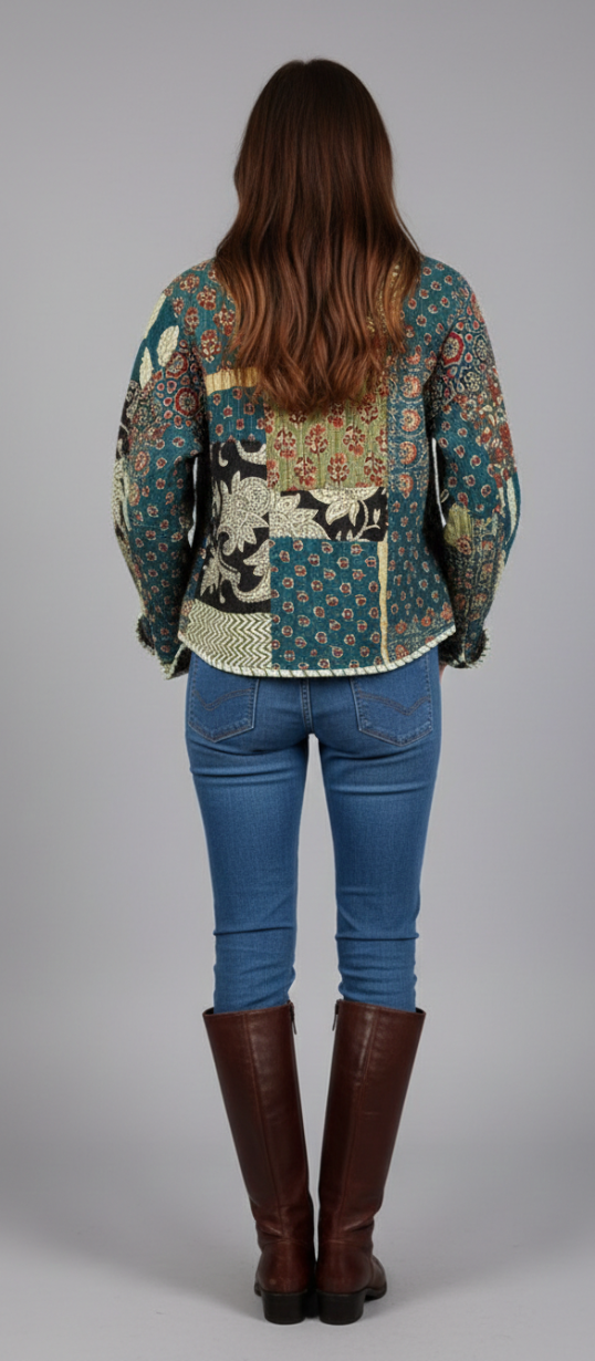 Women’s Teal Patchwork Print Cotton Jacket | Open Front | Long Sleeves