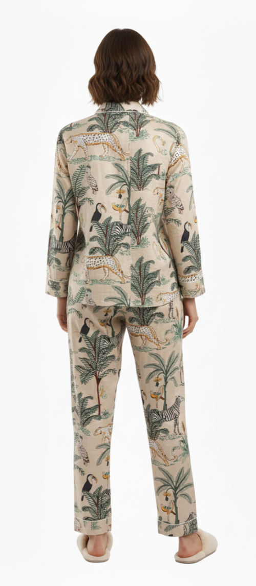 Beige Tropical Print Cotton Pajama Set for Women – Button-Down Nightwear & Loungewear