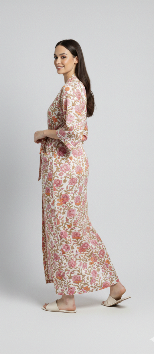 Women’s Pastel Floral Print Cotton Robe | Front Tie Waist | 3/4th Sleeves