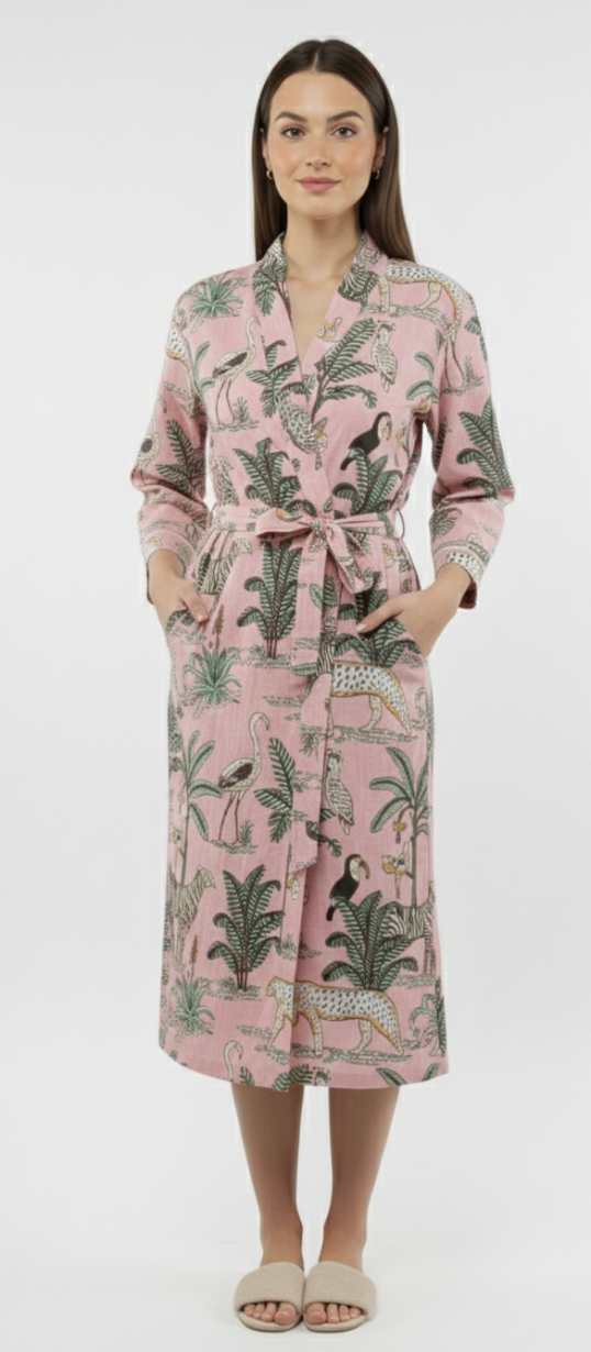 Women’s Pink Jungle Print Cotton Robe | Front Tie Waist | 3/4th Sleeves