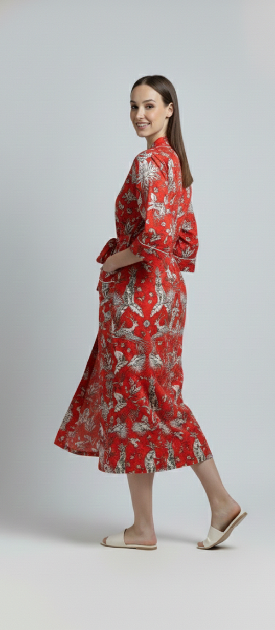 Women’s Red Botanical Print Cotton Robe | Front Tie Waist | 3/4th Sleeves
