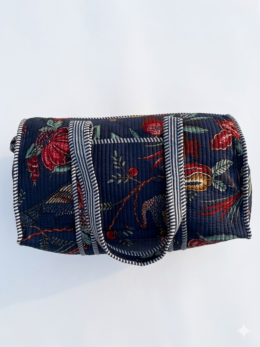 Navy Blue Print Quilted Cotton Duffle Bag – Lightweight Travel Weekender
