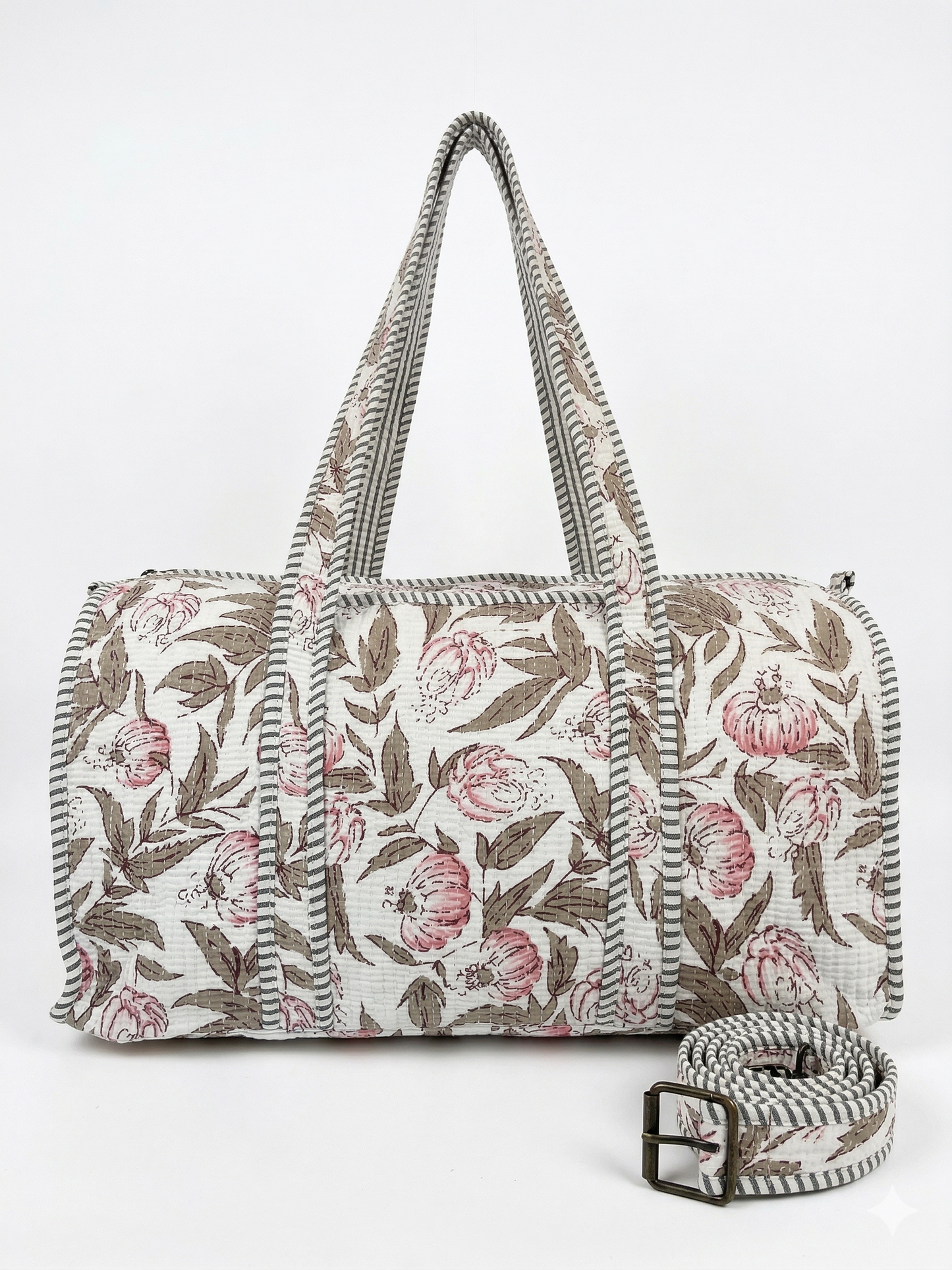 White Floral Quilted Cotton Duffle Bag – Lightweight Travel Weekender