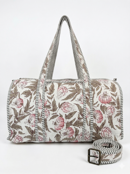 White Floral Quilted Cotton Duffle Bag – Lightweight Travel Weekender