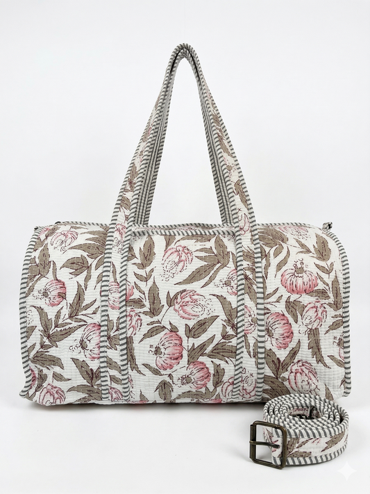White Floral Quilted Cotton Duffle Bag – Lightweight Travel Weekender