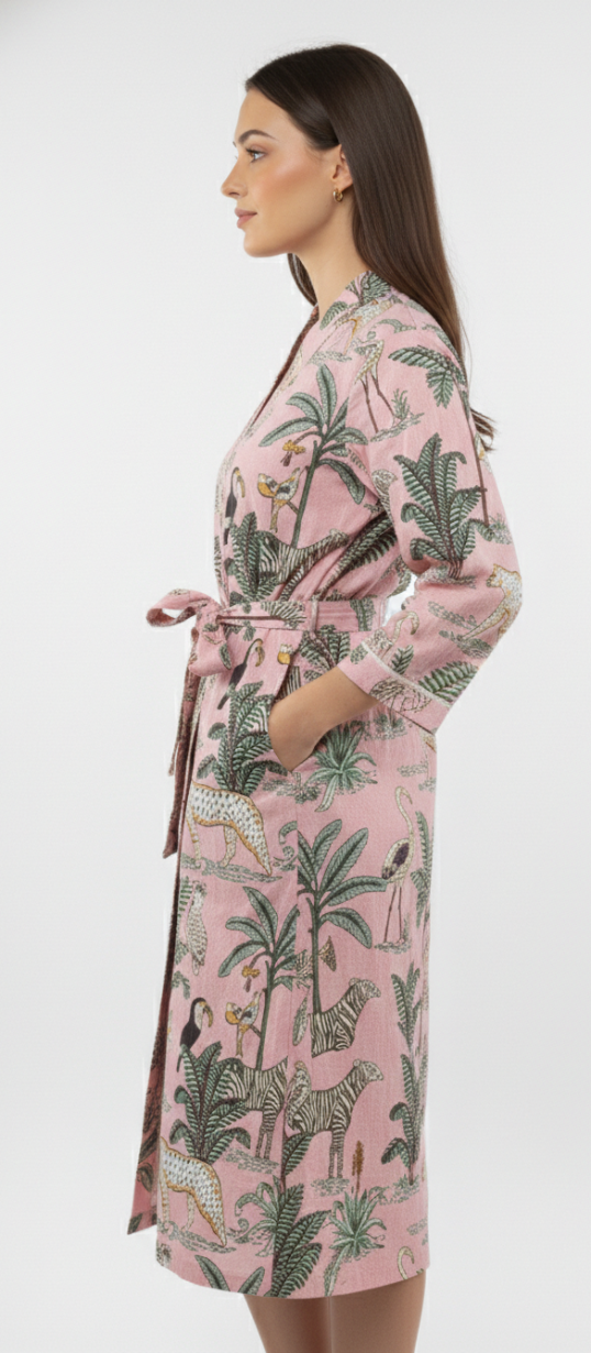 Women’s Pink Jungle Print Cotton Robe | Front Tie Waist | 3/4th Sleeves
