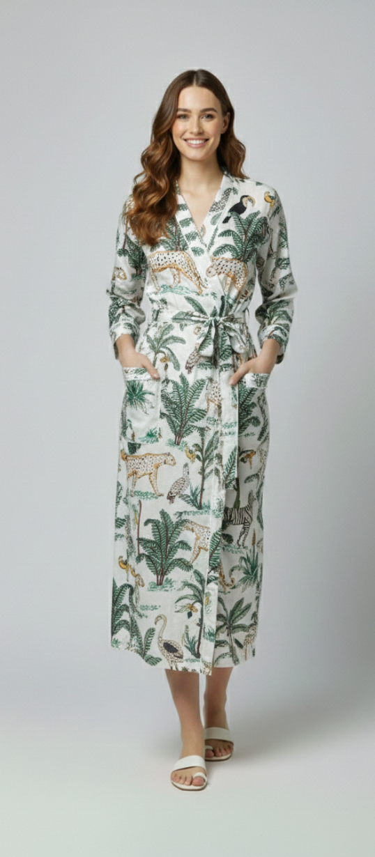 Women’s White Jungle Print Cotton Robe | Front Tie Waist | 3/4th Sleeves