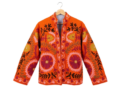 Women’s Amber Bloom Orange Suzani Reversible Cotton Jacket – Artistic Embroidered Statement Jacket