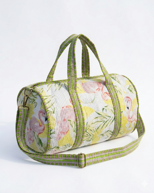 Green White Floral Quilted Cotton Duffle Bag – Lightweight Travel Weekender