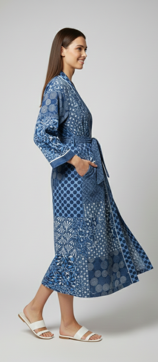Women’s Blue Patchwork Print Cotton Robe | Front Tie Waist | 3/4th Sleeves