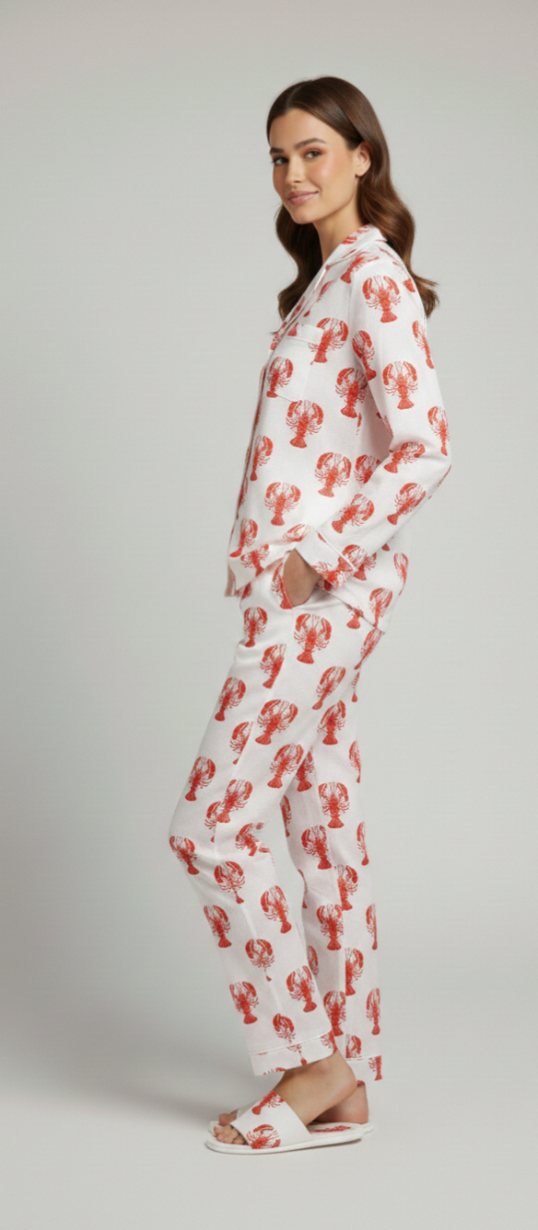 White Lobster Print Cotton Nightwear Set for Women