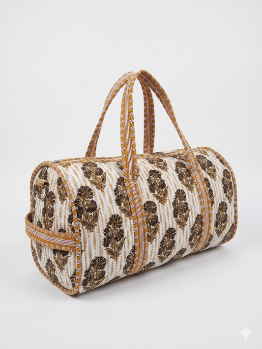 Brown-Orange Floral Print Quilted Cotton Duffle Bag – Lightweight Travel Weekender
