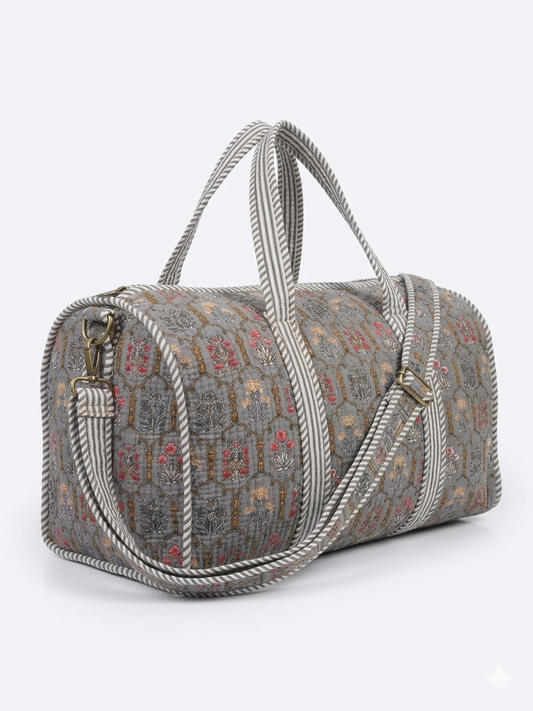 Grey Floral Print Quilted Cotton Duffle Bag – Lightweight Travel Weekender