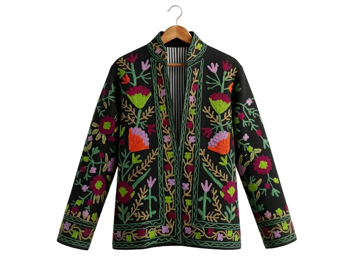 Women’s Midnight Petal Black Suzani Reversible Cotton Jacket – Artistic Embroidered Statement Jacket