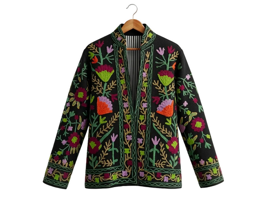Women’s Midnight Petal Black Suzani Reversible Cotton Jacket – Artistic Embroidered Statement Jacket