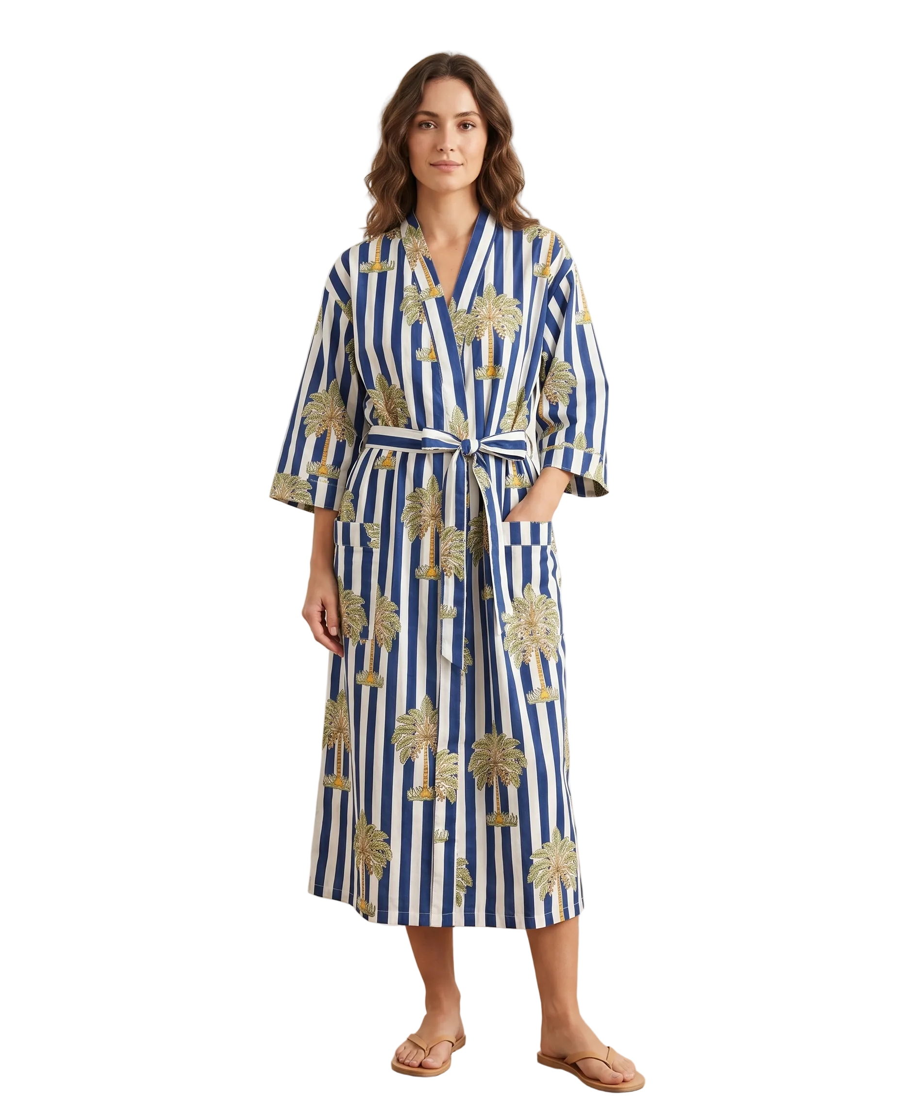 Blue and white stripes palm women's floral cotton kimono. 
Nautical striped botanical print lightweight cotton summer robe.