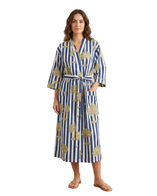 Blue and white stripes palm women's floral cotton kimono. 
Nautical striped botanical print lightweight cotton summer robe.