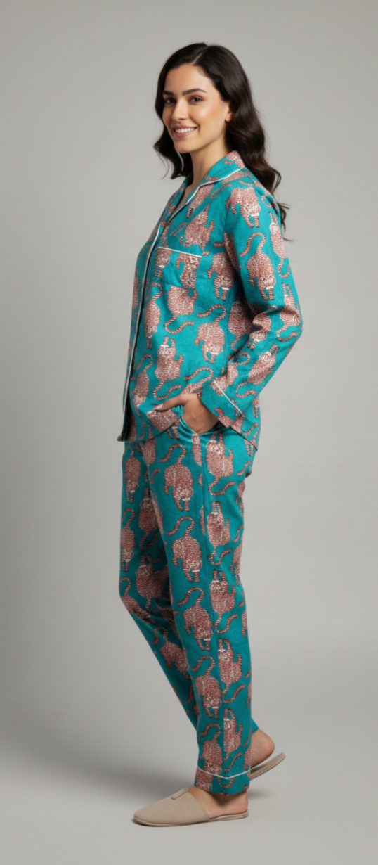 Teal Leopard Print Cotton Nightwear Set for Women