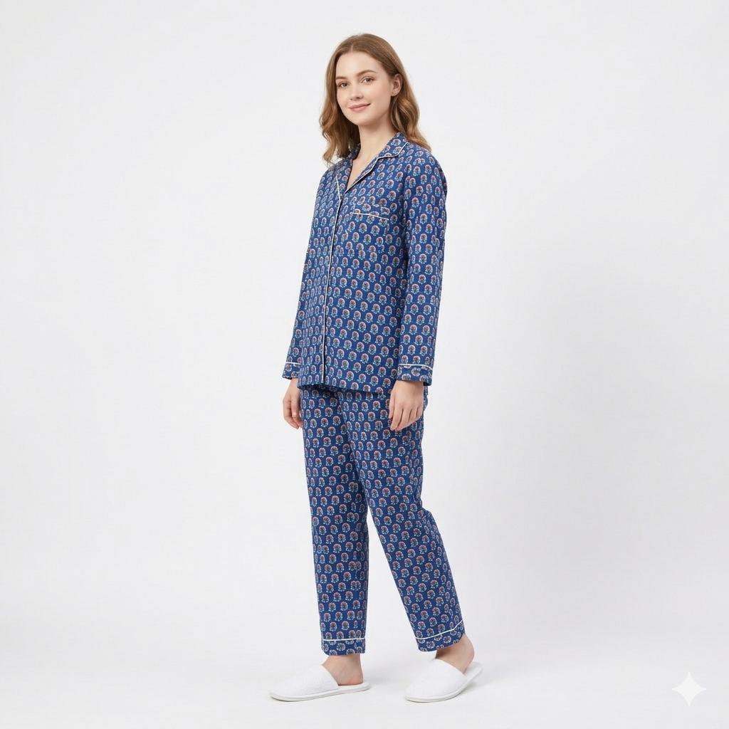 Women's Azure Blue Bloom Cotton Night Suit Set – Elegant Two Piece Pajama Set