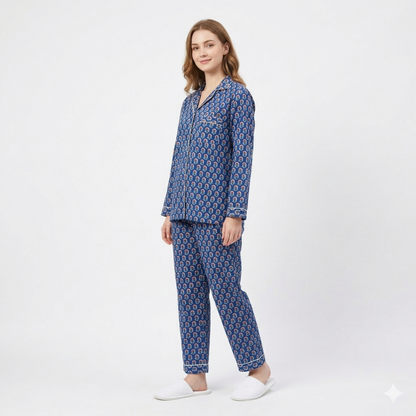 Women's Azure Blue Bloom Cotton Night Suit Set – Elegant Two Piece Pajama Set