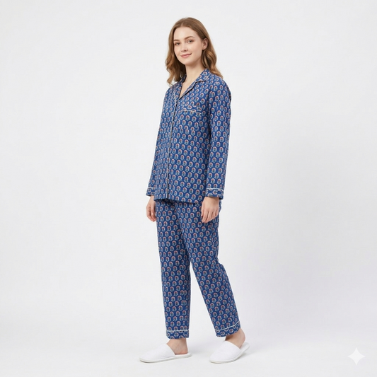 Women's Azure Blue Bloom Cotton Night Suit Set – Elegant Two Piece Pajama Set
