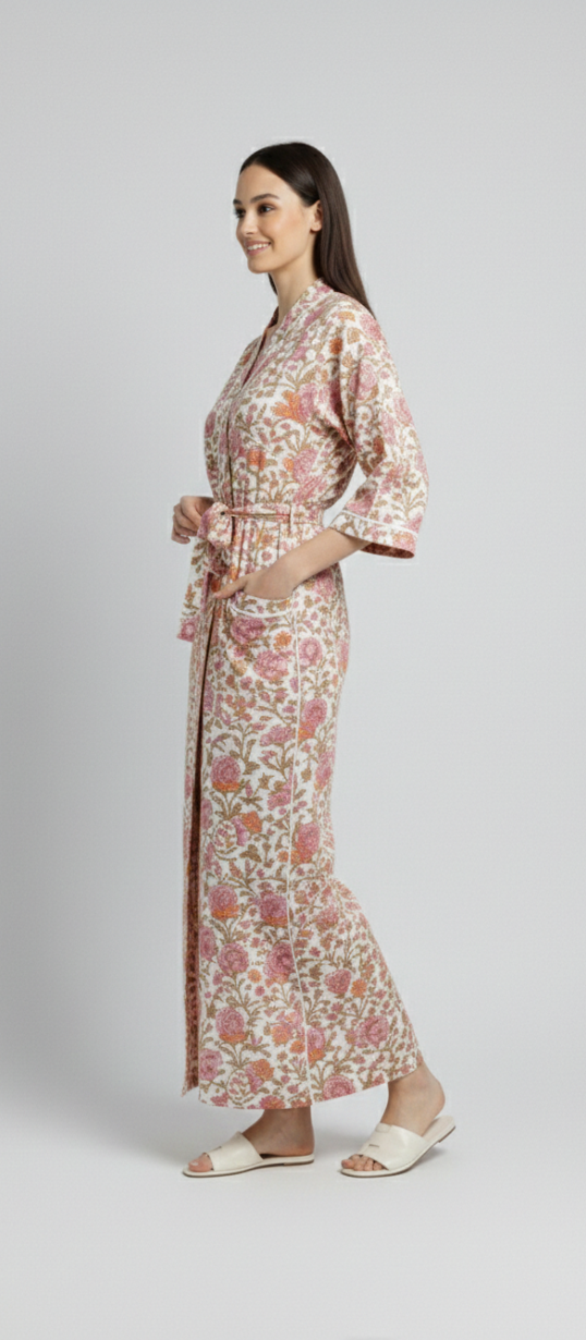 Women’s Pastel Floral Print Cotton Robe | Front Tie Waist | 3/4th Sleeves