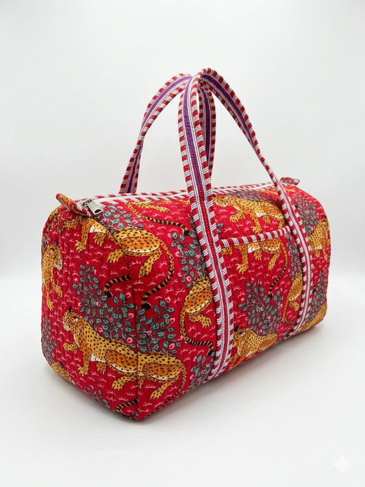 Red leopard Print Quilted Cotton Duffle Bag – Lightweight Travel Weekender